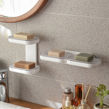 Монтирана на стена двуслойна сапунерка Безплатно чекмедже за оттичане Кутия за сапун Гъба Кутия за съхранение Баня Домашна кухня Стелаж за съхранение Инструмент