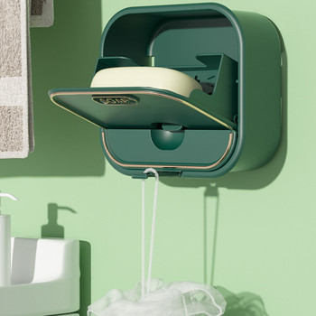 Кутия за държач за сапун Отваряне/затваряне Залепваща сапунерка, устойчива на пръски, с колектор за вода и закачалка за баня и кухня M56