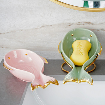 Прекрасна керамична поставка за сапун с дренаж с метална скоба Сапунерка с форма на кит за маса за миене Баня Душ Съхранение Тава Контейнер
