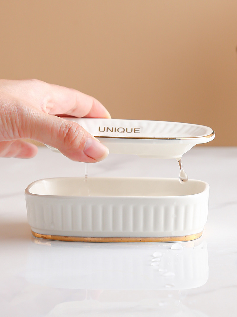 Keraminis vonios kambario muilo indas Prabangus dviejų sluoksnių kanalizacija Vonios muilo padėklas Vonios kambario apdaila Buitinė muilo dėžutė