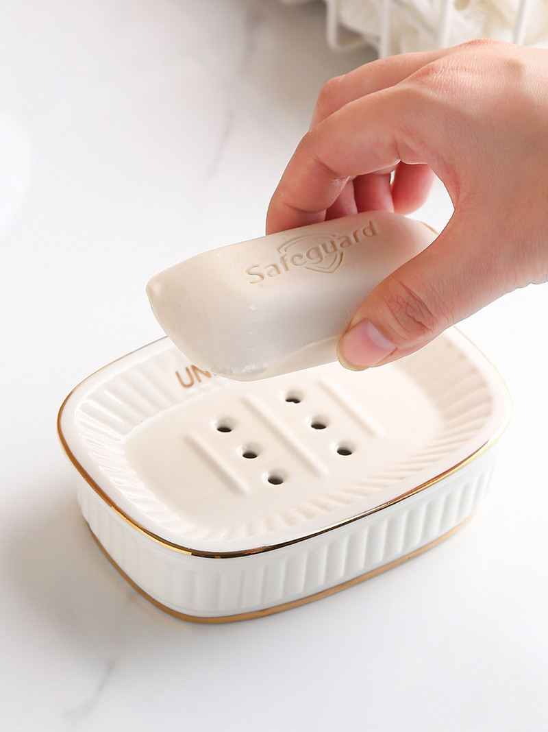 Keraminis vonios kambario muilo indas Prabangus dviejų sluoksnių kanalizacija Vonios muilo padėklas Vonios kambario apdaila Buitinė muilo dėžutė