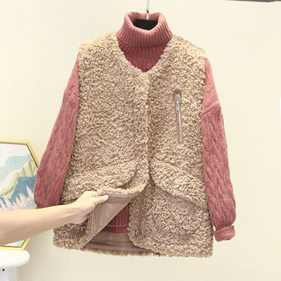 Női plüss V-nyakú mellény cipzáras zsebbel