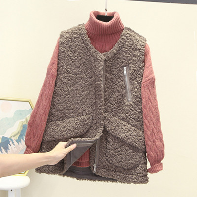 Női plüss V-nyakú mellény cipzáras zsebbel