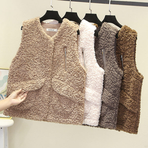 Női plüss V-nyakú mellény cipzáras zsebbel