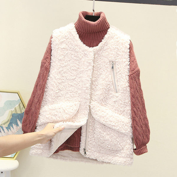 Női plüss V-nyakú mellény cipzáras zsebbel