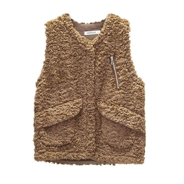 Női plüss V-nyakú mellény cipzáras zsebbel