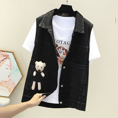 Moteriška džinsinė liemenė su puošmena ir sagomis