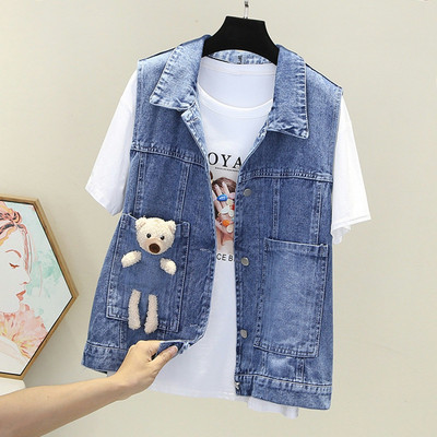 Moteriška džinsinė liemenė su puošmena ir sagomis