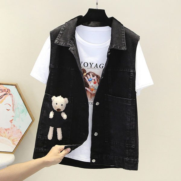 Moteriška džinsinė liemenė su puošmena ir sagomis