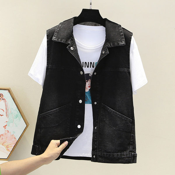 Moteriška džinsinė liemenė su puošmena ir sagomis