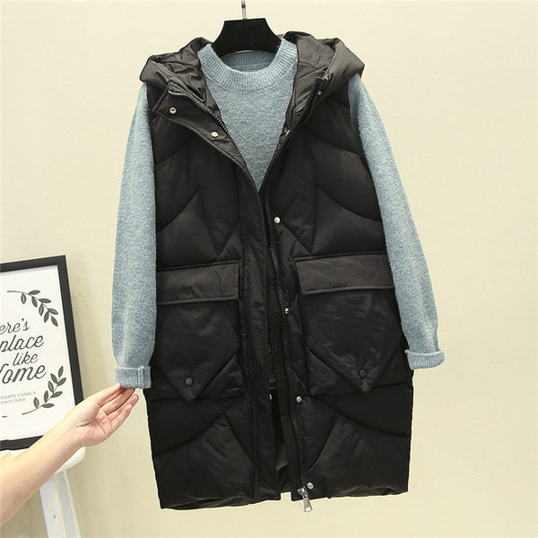 Vestă lungă modernă de damă cu glugă, cu fermoar