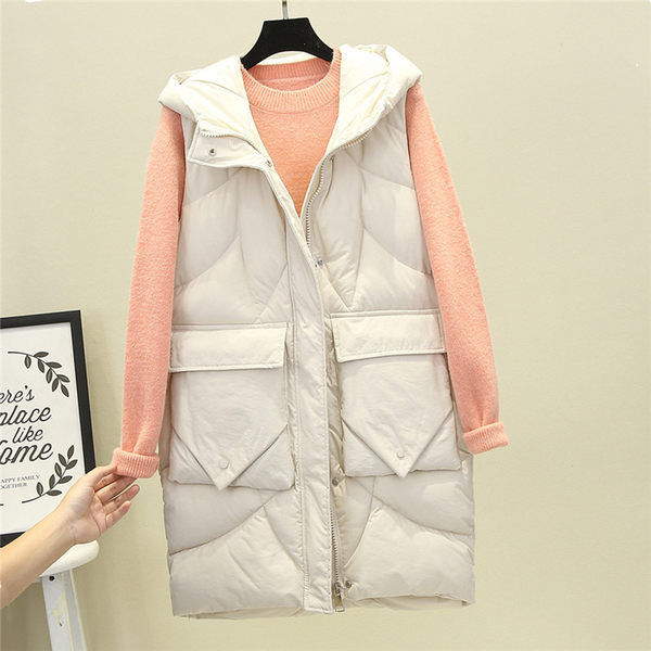 Vestă lungă modernă de damă cu glugă, cu fermoar