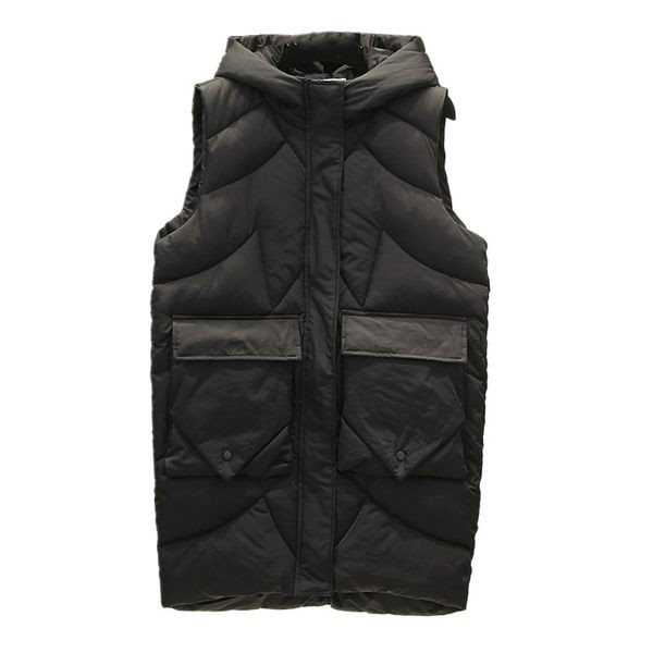 Vestă lungă modernă de damă cu glugă, cu fermoar