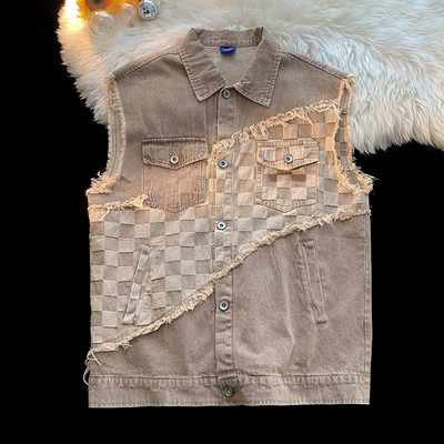 Vesta de dama din denim cu guler clasic si motive rupte