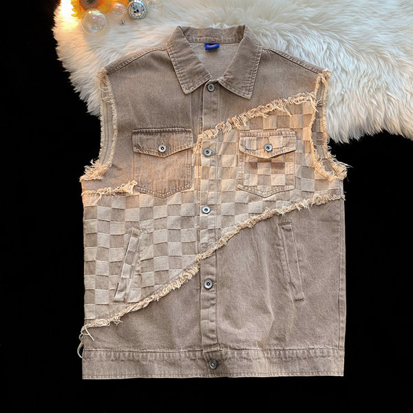 Vesta de dama din denim cu guler clasic si motive rupte