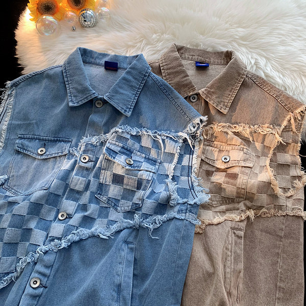 Vesta de dama din denim cu guler clasic si motive rupte