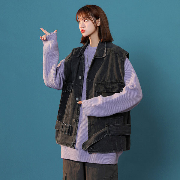 Ženski traper prsluk s remenom i džepom