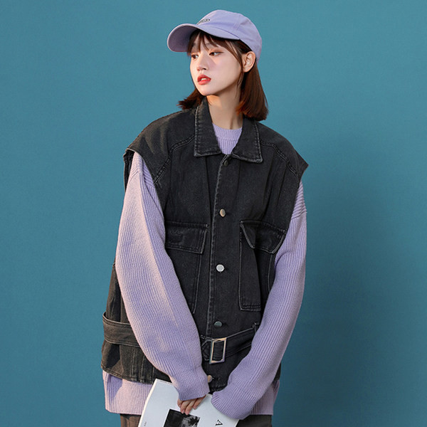 Ženski traper prsluk s remenom i džepom