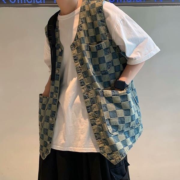 Νέο μοντέλο γυναικείο καρό τζιν γιλέκο