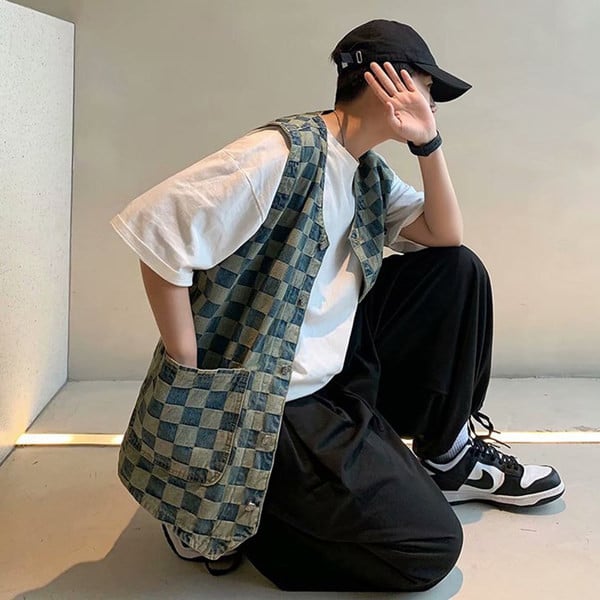 Νέο μοντέλο γυναικείο καρό τζιν γιλέκο