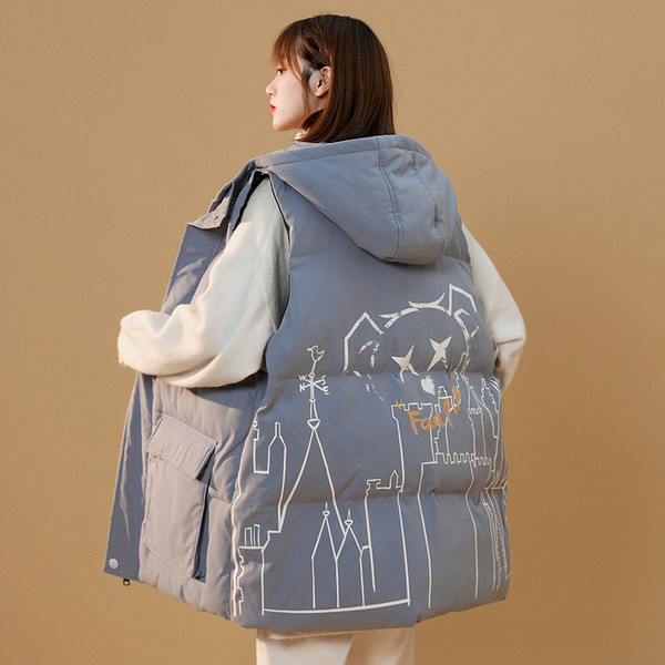 Ženski dugi prsluk s printom i kapuljačom