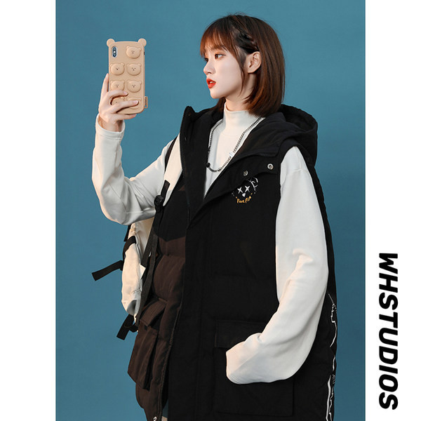 Ženski dugi prsluk s printom i kapuljačom