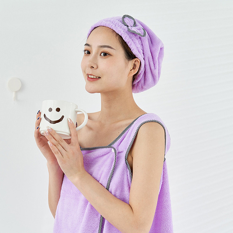 Prosop de baie din lână moale de corali magic, purtabilă, cu bretele pentru adulți, fustă de baie, bentiță, uscător de păr, șapcă de duș