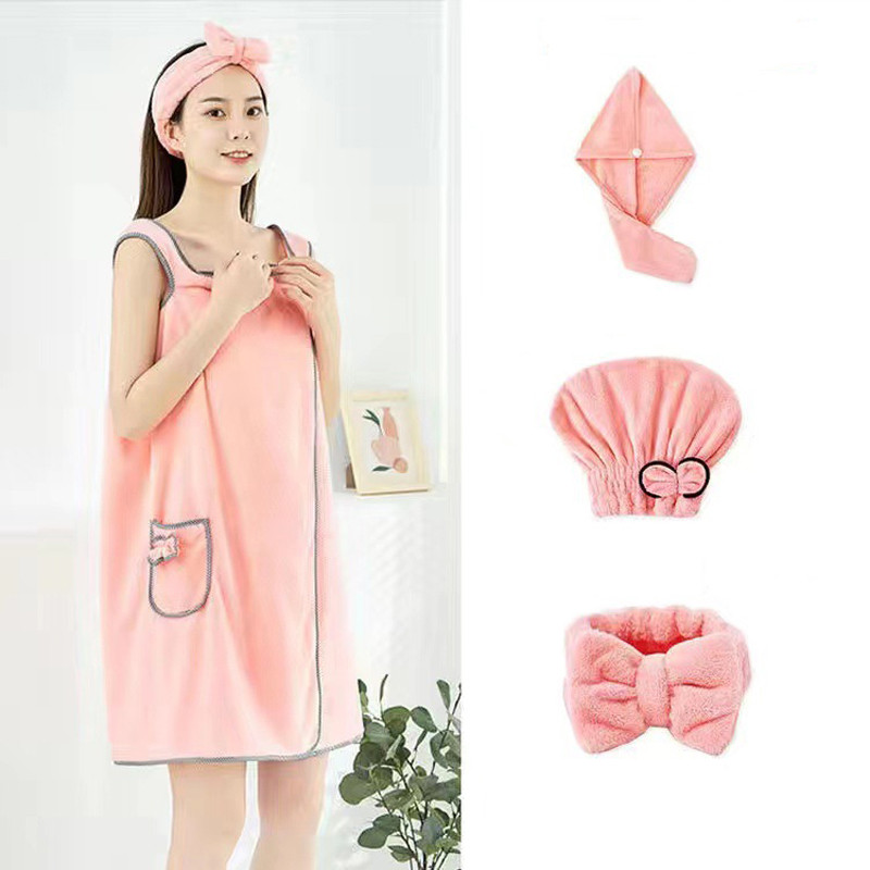Prosop de baie din lână moale de corali magic, purtabilă, cu bretele pentru adulți, fustă de baie, bentiță, uscător de păr, șapcă de duș
