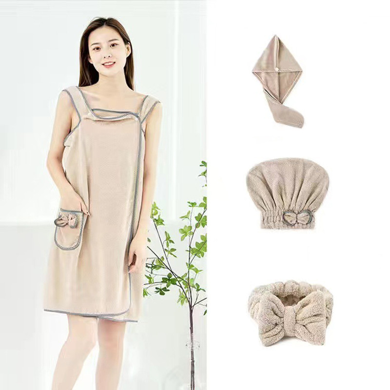 Prosop de baie din lână moale de corali magic, purtabilă, cu bretele pentru adulți, fustă de baie, bentiță, uscător de păr, șapcă de duș