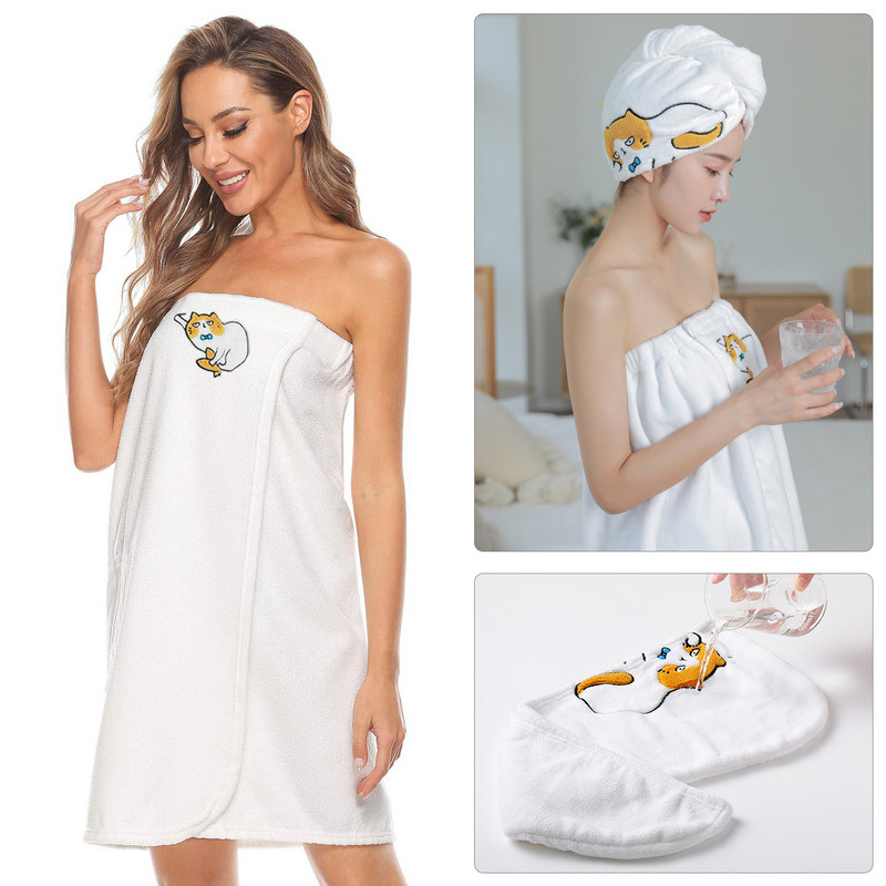 Hajtörölköző pakolás és fürdőköpeny szett, mikroszálas törölköző aranyos macska puha polár frottír fürdőtakaróval nőknek és gyereklányoknak