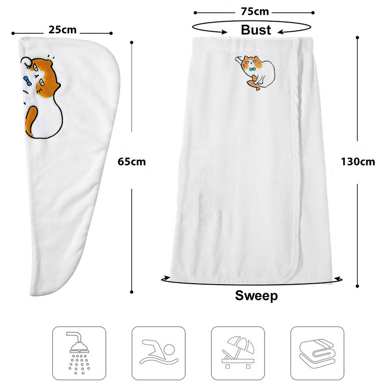 Hajtörölköző pakolás és fürdőköpeny szett, mikroszálas törölköző aranyos macska puha polár frottír fürdőtakaróval nőknek és gyereklányoknak