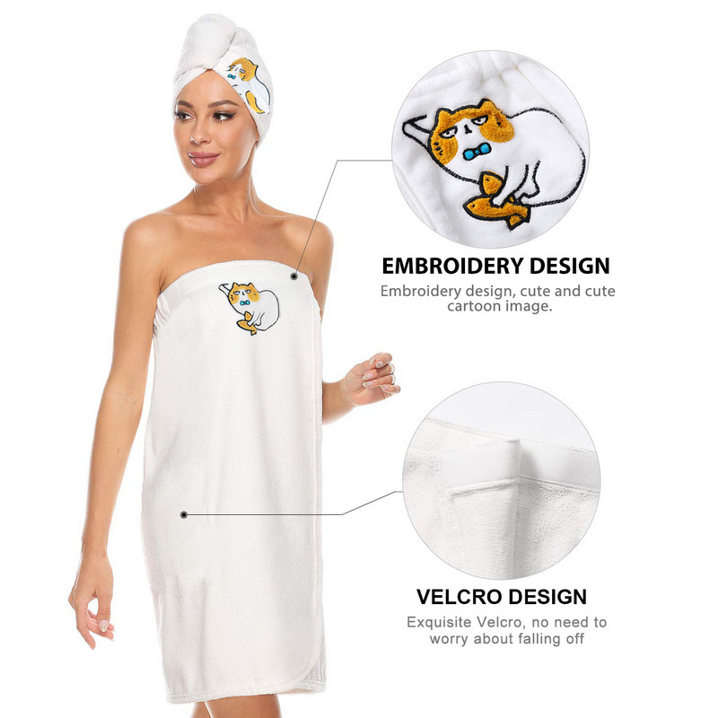Hajtörölköző pakolás és fürdőköpeny szett, mikroszálas törölköző aranyos macska puha polár frottír fürdőtakaróval nőknek és gyereklányoknak