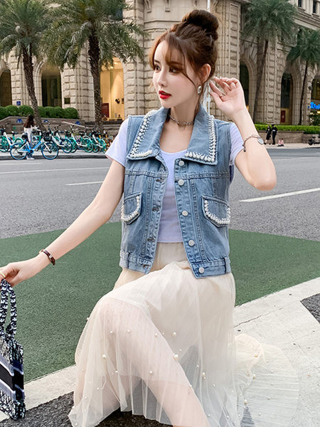 Moteriška džinsinė liemenė su dekoratyviniais perlais