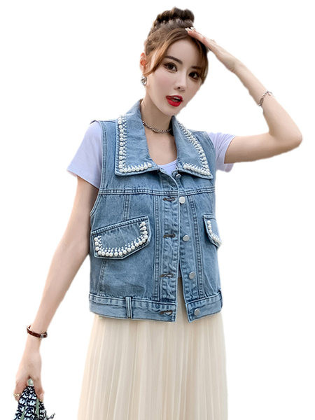 Moteriška džinsinė liemenė su dekoratyviniais perlais