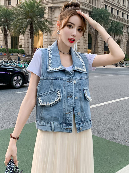 Moteriška džinsinė liemenė su dekoratyviniais perlais