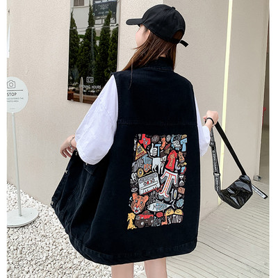 Vesta din denim cu model lat cu imprimeu