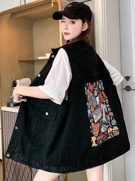 Vesta din denim cu model lat cu imprimeu