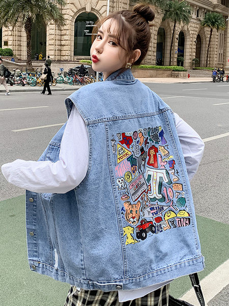 Vesta din denim cu model lat cu imprimeu