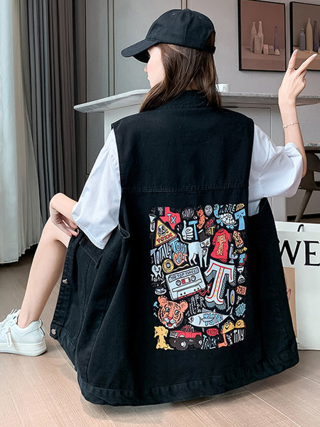 Vesta din denim cu model lat cu imprimeu