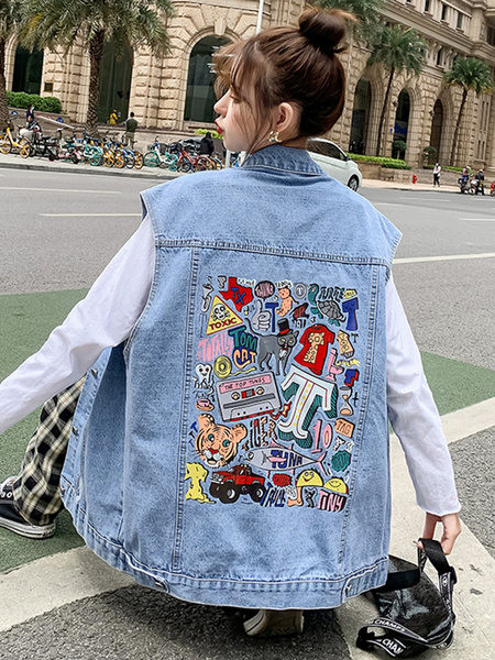 Vesta din denim cu model lat cu imprimeu