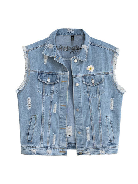 Moteriška džinsinė liemenė su plėšytais motyvais