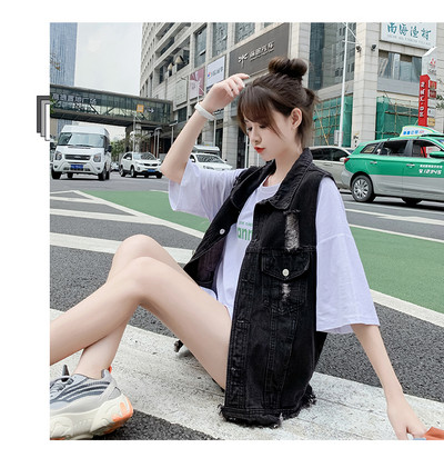 Vestă de damă din denim de lungime mijlocie cu motive rupte