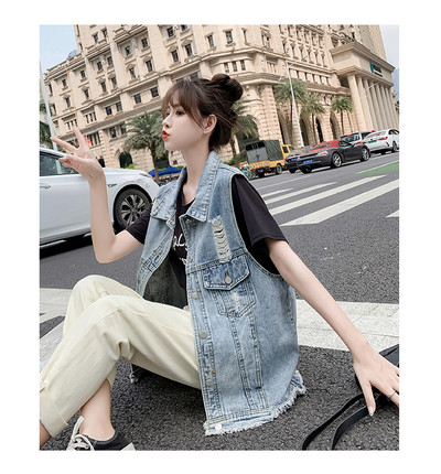 Vestă de damă din denim de lungime mijlocie cu motive rupte