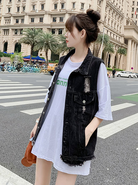 Vestă de damă din denim de lungime mijlocie cu motive rupte