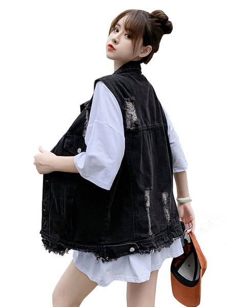 Vestă de damă din denim de lungime mijlocie cu motive rupte