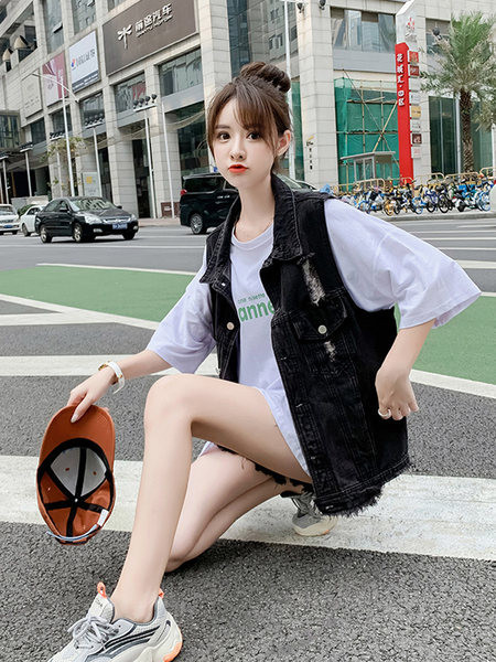 Vestă de damă din denim de lungime mijlocie cu motive rupte