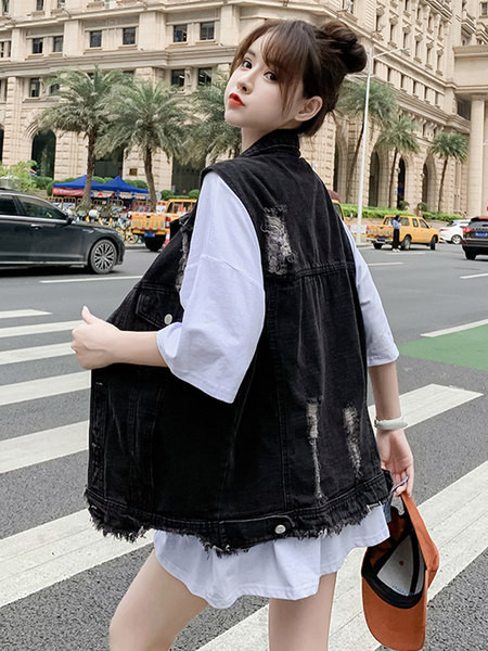 Vestă de damă din denim de lungime mijlocie cu motive rupte