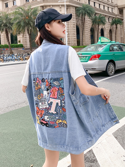 Ženski traper prsluk s printom srednje dužine