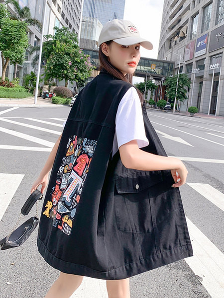 Ženski traper prsluk s printom srednje dužine