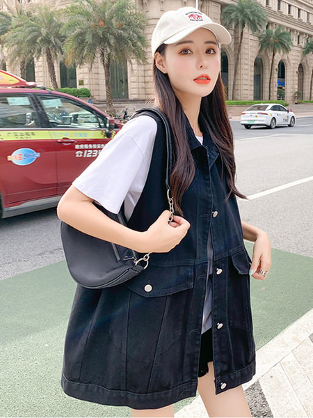 Ženski traper prsluk s printom srednje dužine